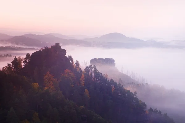 Cold misty daybreak in a fall valley of Bohemian Switzerland park. Hill with hut on the peak increased from magical darkness. — Stock Photo, Image