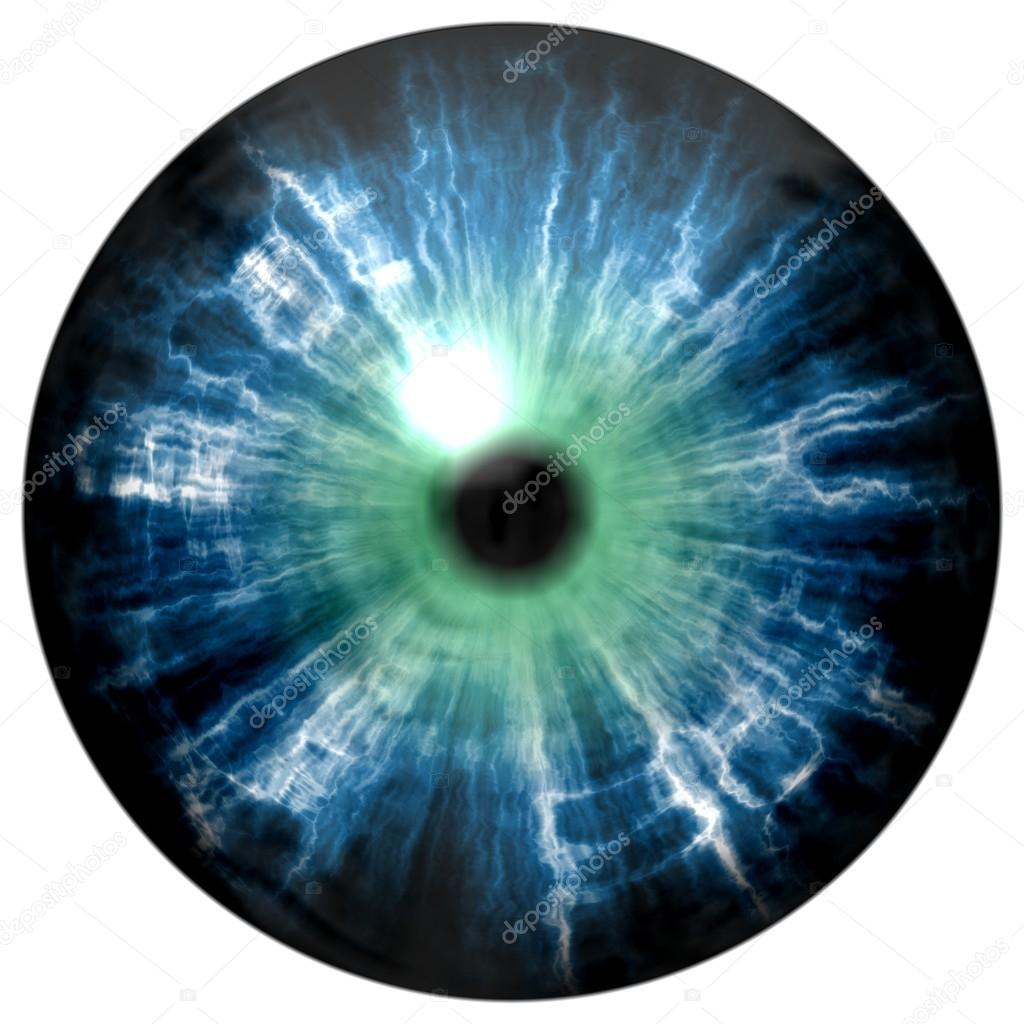 Illustration of blue eye iris, light reflection. View into open eyes.