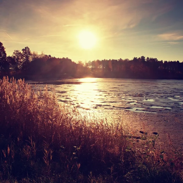 Sonnenuntergang über dem leeren See, Schilf und Spiegelungen am Ufer. schöne Sommerlandschaft. — Stockfoto