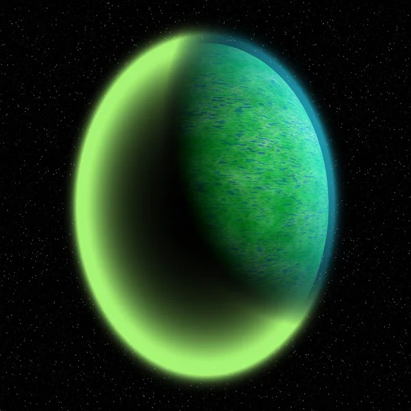 Illustration of a bright green planet somewhere in far darkness — Stok fotoğraf