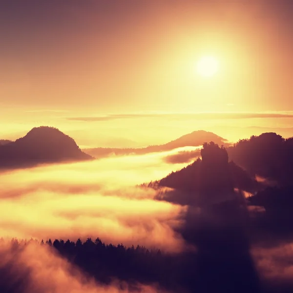 Sunrise in a beautiful mountain of Czech-Saxony Switzerland. Sandstone peaks increased from fog, the fog is orange due to sun rays. — Stock Photo, Image