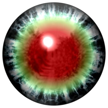 Isolated open  green eye with bloody retina. Animal eye with large pupil and bright red retina in background. Green iris around pupil. clipart