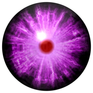 Purple  eye with bloody red retina. Raptor eye with large pupil and bright red retina. Purple iris around pupil.