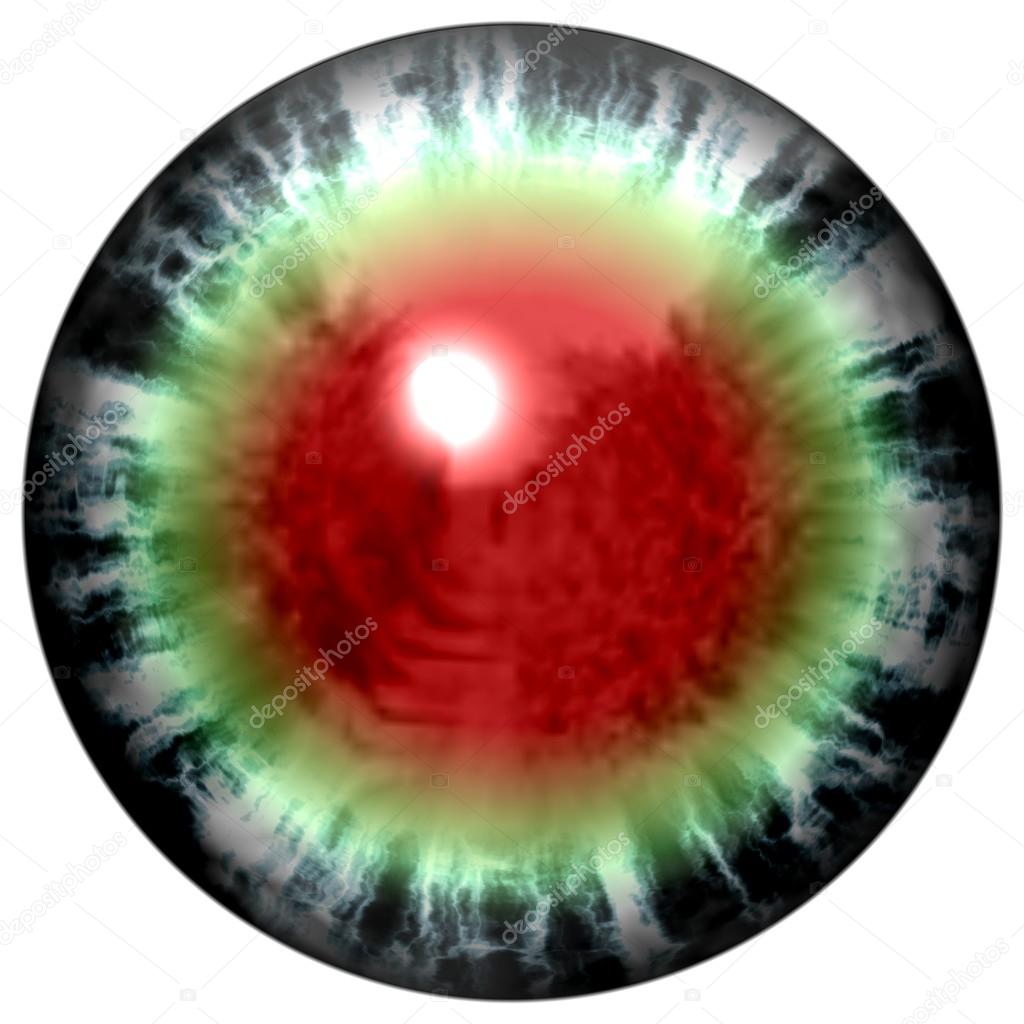 Isolated open  green eye with bloody retina. Animal eye with large pupil and bright red retina in background. Green iris around pupil.