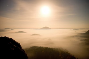 Gece yarısı. Dolunay gecesi içinde bir güzel dağ Bohemian-Saxony İsviçre. Ağır Sis artan dağlık tepeler ve ağaçlar
