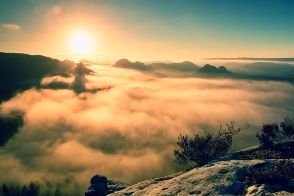 Fantastic dreamy sunrise on the top of the rocky mountain with the view into misty valley — Stock Photo, Image
