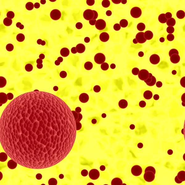 Esferas sangrentas de bactérias perigosas ou esferas de vírus na secreção amarela — Fotografia de Stock