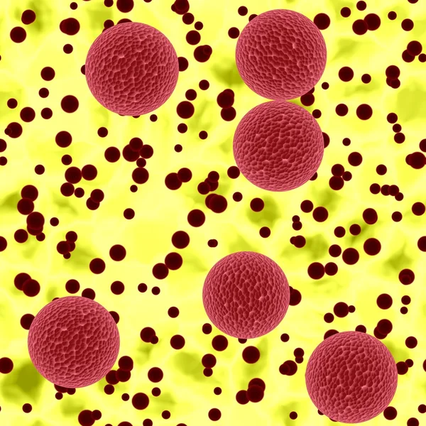 Bloody spheres of dangerous  bacteria or virus spheres in yellow secretion — Stock Photo, Image