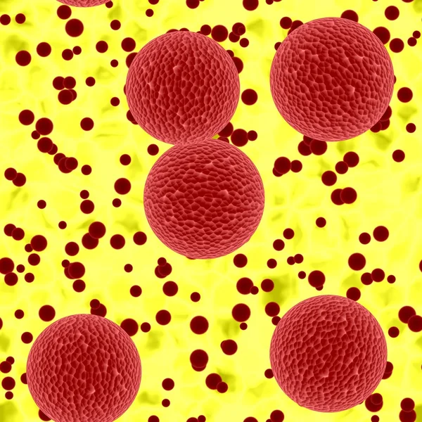 Bloody spheres of dangerous  bacteria or virus spheres in yellow secretion — Stock Photo, Image