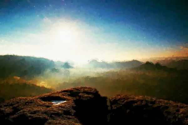 Suluboya boya. Boya etkisi. Sonbahar melankolik sabahı rocky Park. Uzun derin vadiye ağır renkli sis tam görüntüleyin. Yağmurlu gece sonra daybreak içinde sonbahar manzara — Stok fotoğraf