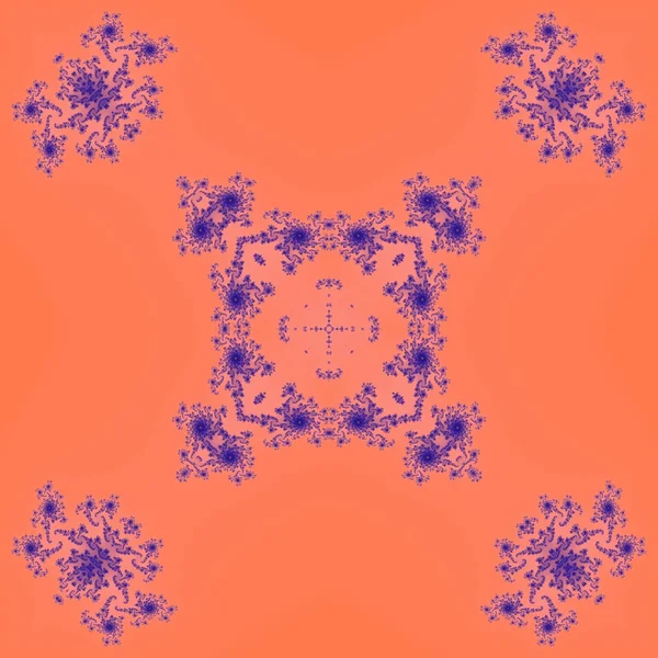 Blue abstract floral ornament on orange background. Generated fractal in orange and blue colors. — Stock Photo, Image