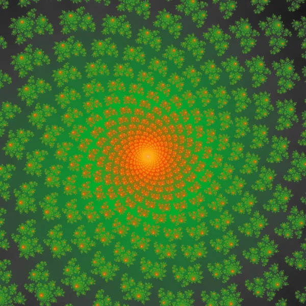Зеленый и оранжевый фрактальные украшения на темно-зеленом фоне. Генерируемая фрактальная графика . — стоковое фото