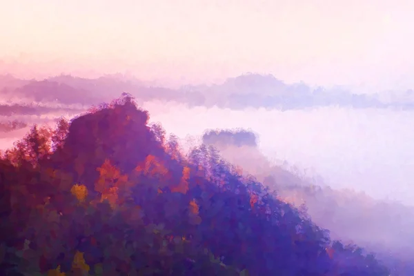 Farby akwarelowe. Efekt malowania. Zimno mglisty brzask w dolinie upadku. Wzgórze z domku na wzgórzu w magiczne ciemności. — Zdjęcie stockowe