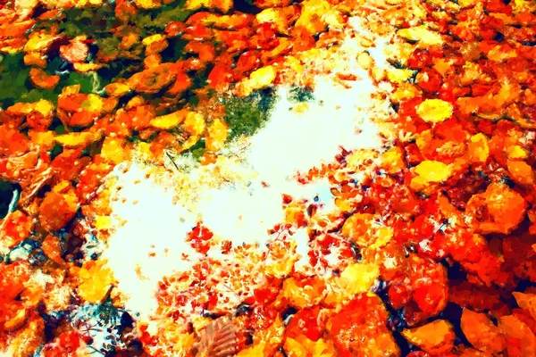 Pintura acuarela. Efecto de pintura. Niveles de haya roja caídos en el agua del río de montaña, las primeras hojas a continuación nivel de agua — Foto de Stock