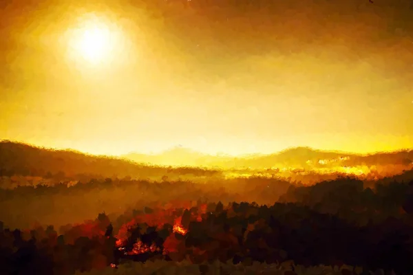 水彩絵の具。「ペイント」エフェクト。素敵な満月の夜。霧が丘のピークに光線が月となります間の移動 — ストック写真