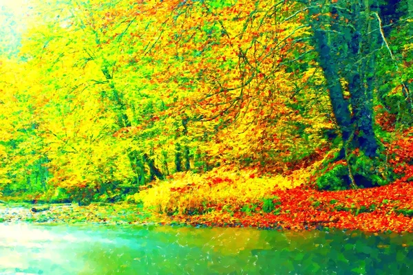 Watercolor paint. Paint effect. Rainy evening at stream. Autumn river bank with orange beech leaves. — Stock Photo, Image