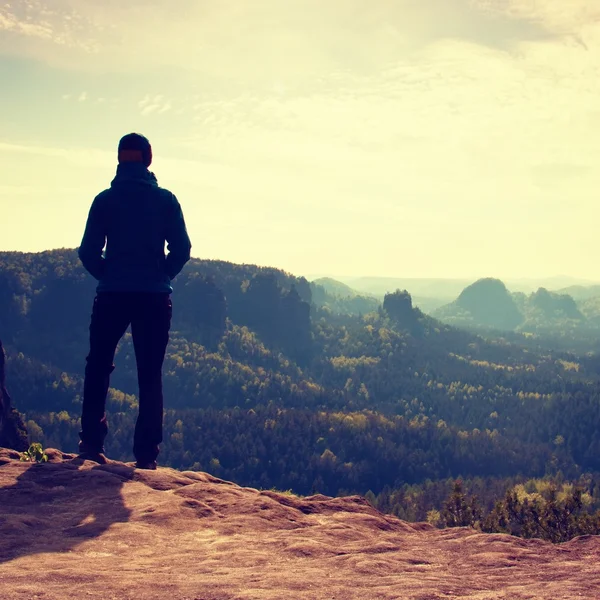 Alone young girl tourist enjoy morning on sandstone rock and watch over valley to Sun. — Stock Photo, Image