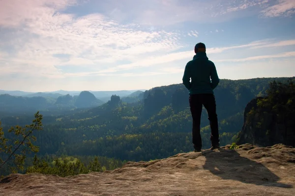 Solo giovane turista ragazza godere mattina su roccia arenaria e guardare sulla valle al sole . — Foto Stock