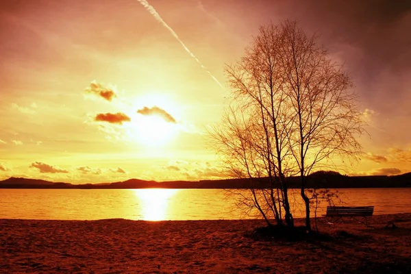 Banco vazio ao ar livre na praia do lago outono. A costa com o pôr do sol. Foto tonificada vintage com efeito de flare da lente — Fotografia de Stock