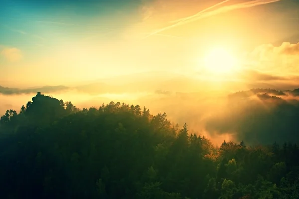 Colors of autumn romantic morning. Wooden house or hut for hiker on the green  peak of forest hill. Autumn mist bellow in valley. — Stock Photo, Image