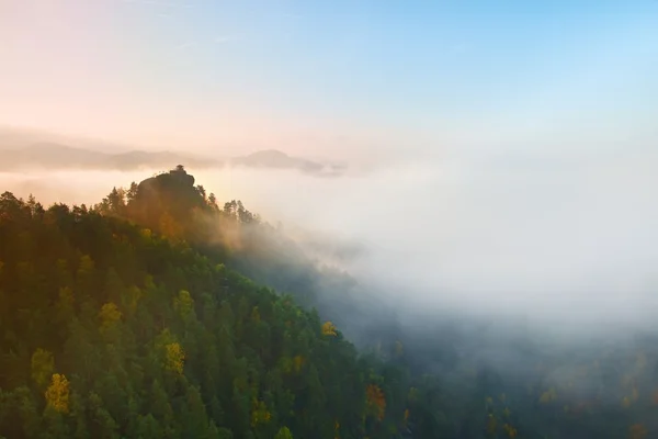 Colores de la mañana romántica de otoño. Casa de madera o cabaña para excursionistas en el pico verde de la colina del bosque. Bramido de niebla otoñal en valle . —  Fotos de Stock