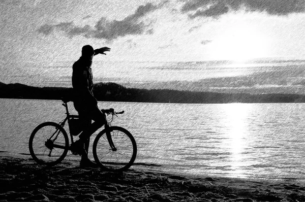 Чорно-білий штриховий ретро-ескіз. Молодий чоловік велогонщик силует на пляжі — стокове фото