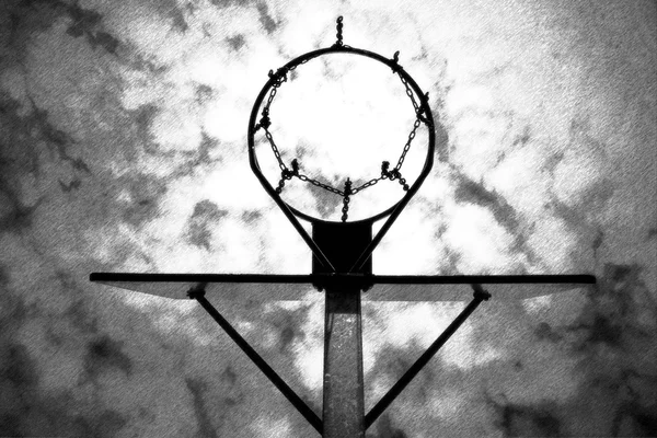 Black and white dashed retro sketch. Old neglect basketball backboard with rusty hoop above street court.