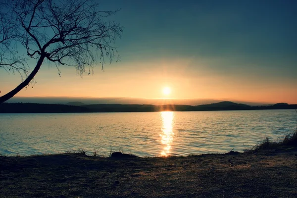 Romantischer, bunter Sonnenuntergang am See. Strand mit Birke und heißer roter Sonne im Wasserspiegel — Stockfoto