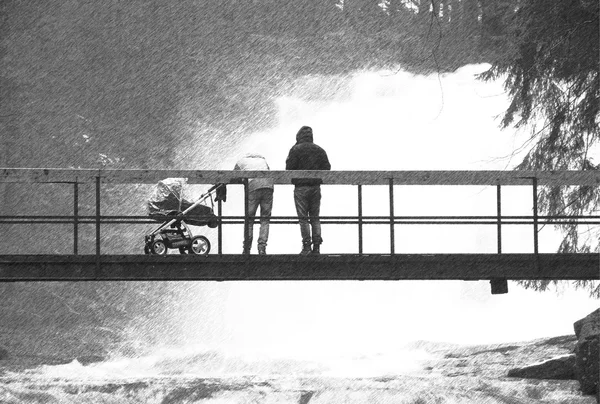 Siyah ve beyaz çizgili retro kroki. erson Köprüsü'nde sorunlu su üstünde bebekle. Büyük akışı küçük yaya köprüsü altında. Sel korkusu. — Stok fotoğraf