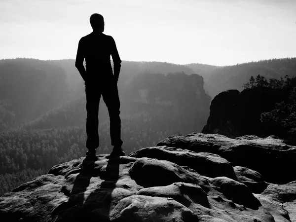 Slim turista en el pico agudo de la roca en el parque de imperios de roca está vigilando el valle brumoso y brumoso al sol — Foto de Stock