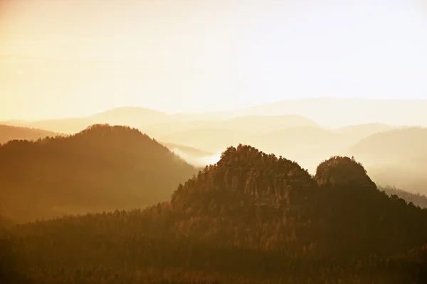 Sunrise içinde bir güzel dağ çek-Saxony İsviçre. Kumtaşı doruklarına sisli kökenli arttı — Stok fotoğraf