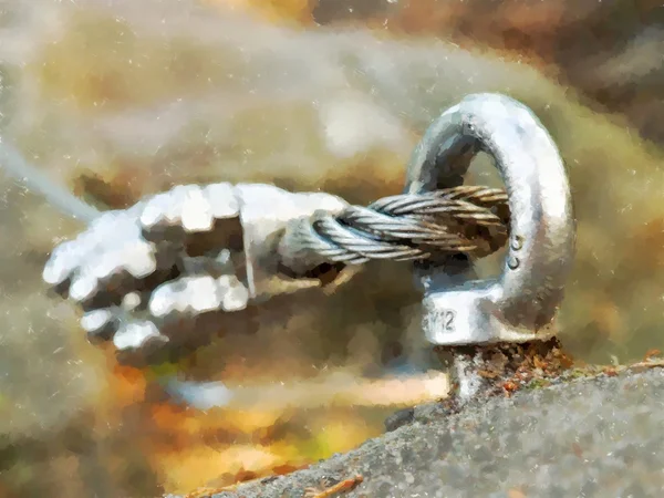 Vattenfärg måla. Färg effekt. Detalj av stål bult ankare ögat i sandsten rock. Slutet knuten av stållina. Klättrare sökvägen via ferrata. Järn vriden rep — Stockfoto