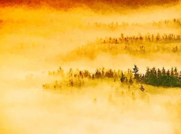 Watercolor paint. Paint effect. Sunrise, Fog and sun rays on the forest hill. — Stock Photo, Image