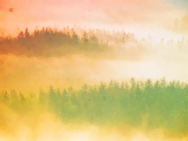 Watercolor paint. Paint effect. Sunrise, Fog and sun rays on forest hill. — Stock Fotó