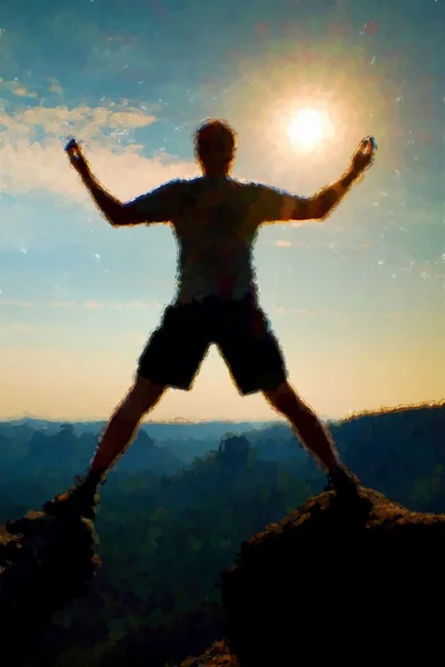 Watercolor paint. Paint effect.  Jumping hiker in black gesture triumph between two rocky peaks. — Stock Photo, Image