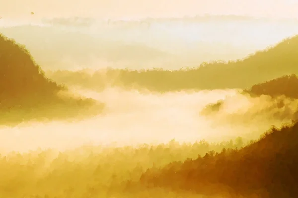 Watercolor paint. Paint effect. Fantastic colorful sunrise on the top of mountain with view down to misty valley — Stock Photo, Image