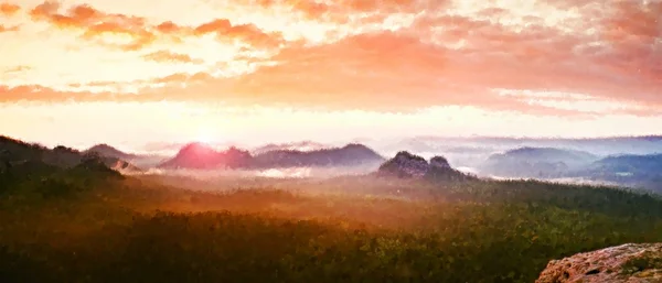 Watercolor paint. Paint effect. Red misty  landscape panorama in mountains. Fantastic dreamy sunrise on rocky mountains with  foggy misty valley below — Φωτογραφία Αρχείου
