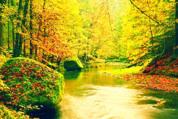 Watercolor paint. Paint effect.Autumn mountain river with blurred waves,, fresh green mossy stones and boulders on river bank covered with colorful leaves — Stockfoto