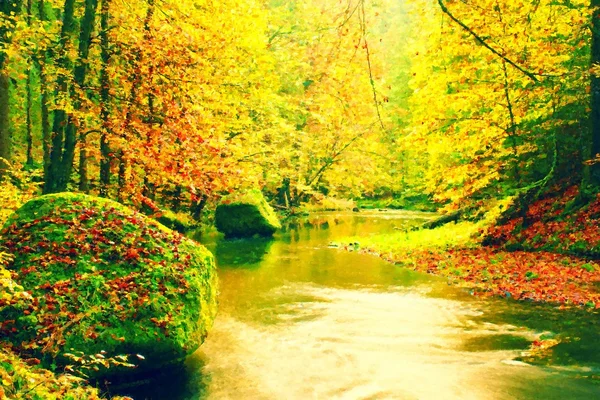 Watercolor paint. Paint effect.Autumn mountain river with blurred waves,, fresh green mossy stones and boulders on river bank covered with colorful leaves — Zdjęcie stockowe