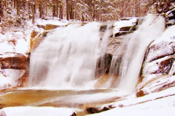 Peinture aquarelle. Effet peinture. Hiver à Mountain River. Grandes pierres dans le ruisseau recouvert de neige fraîche en poudre et d'eau paresseuse à faible niveau . — Photo