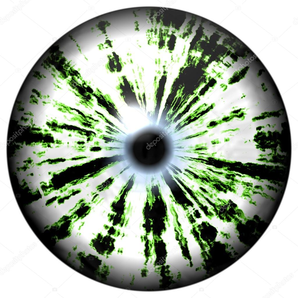 Isolated green eye. Illustration of green blue stripped eye iris, light reflection