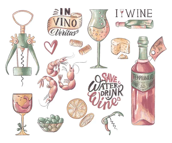 Hand drawn set of wine stickers. Collection of wine bottle, glasses, food and lettering.