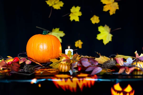 Orange pumpkin burning candle on a table with yellow and red maple leaves. Halloween, warm autumn atmosphere.Dark black background with maple leaves.