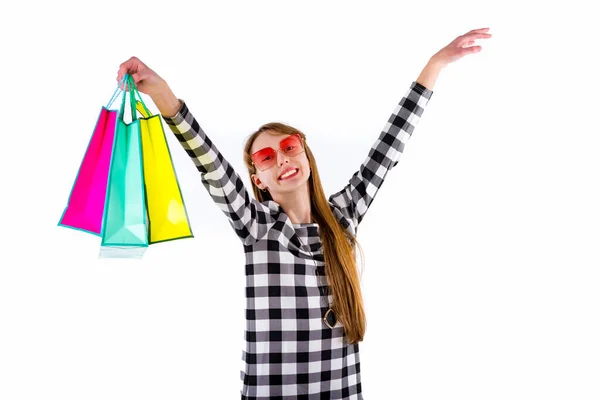 Happy Teenage Girl Holding Colored Shopping Bags White Studio Background Stock Photo