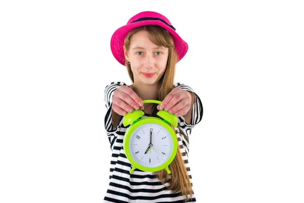 Chica Adolescente Sosteniendo Alarma Reloj Aislado Sobre Fondo Blanco Retrato —  Fotos de Stock