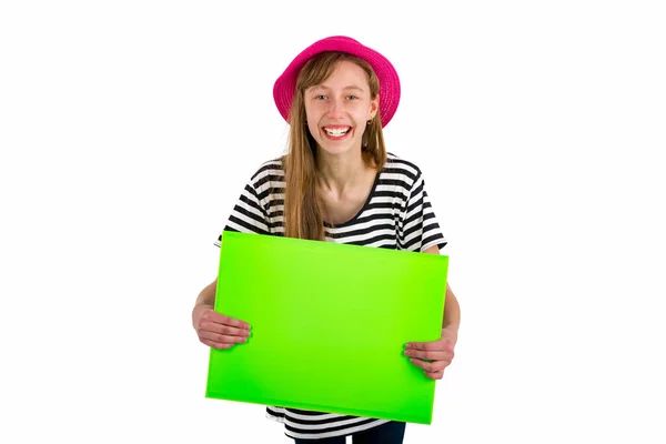 Happy Girl Child Holding Empty Blank Paper Isolated White Background — Stock Photo, Image