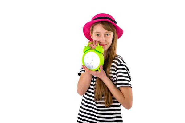 Teen Girl Holding Alarm Clock Isolated White Background Portrait Caucasian — Stock Photo, Image