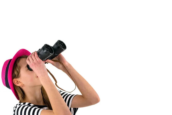 Teenage Girl Looking Copy Space Binoculars Isolated White Background Travel — Stock Photo, Image