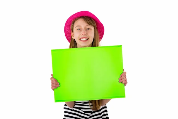 Happy Girl Child Holding Empty Blank Paper Isolated White Background — Stock Photo, Image