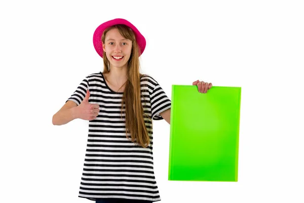 Happy Girl Child Shows Thumb Empty Blank Paper Isolated White — Stock Fotó